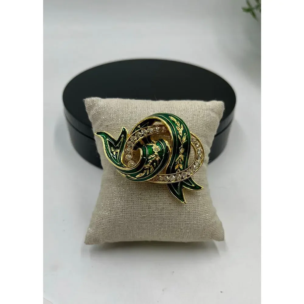 Joan Rivers‎ Signed Vintage Gold Tone Green Enamel Rhinestone Ribbon Brooch